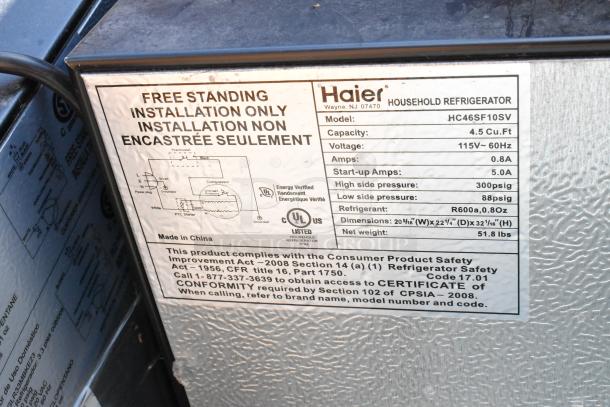 Label on Haier HC46SF10SV mini cooler. 115V, 4.5 cu ft capacity. Includes installation instructions and safety compliance details.