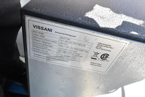 Vissani HVDR31GSE refrigerator label showing model, voltage, and dimensions; 120V, 1 phase. Made in China.