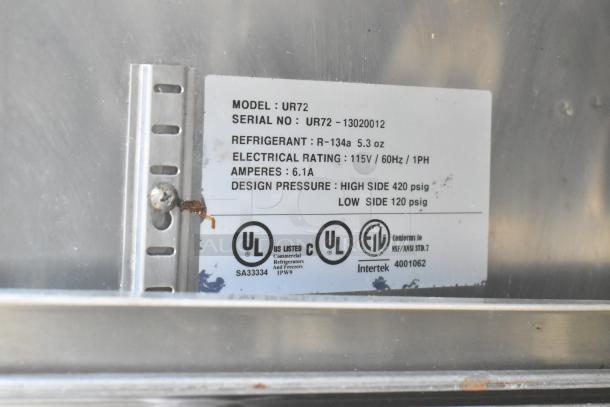 Norlake UR72 undercounter cooler label shows model, serial number, refrigerant info, electrical rating, and certifications.