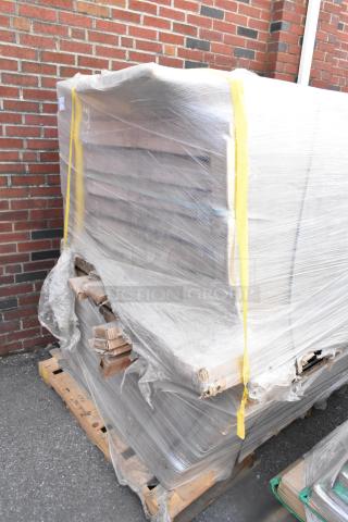 Wrapped pallet containing 42 new boxes of Quantum 3072BK black wire shelves. Boxes secured for auction sale.