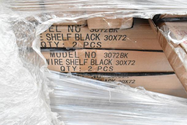 42 new boxes of Quantum 3072BK black wire shelves, 30x72 inches, 2 pieces each, wrapped in protective plastic.