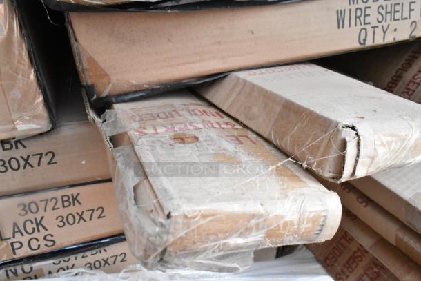 Boxes of Quantum 3072BK black wire shelves, model 30x72, brand new, totaling 42 items.