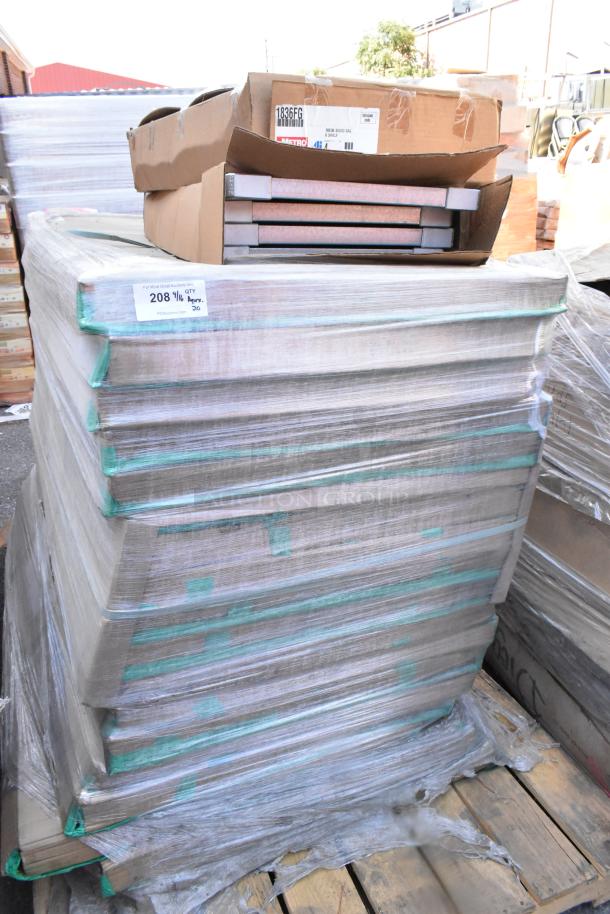 20 brand new boxes of Metro 1836FG and SD60P shelves, wrapped on a pallet, labels indicate 1836FG model.