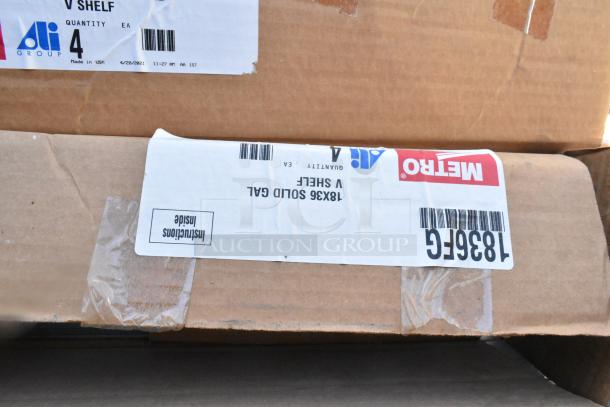 20 brand new Metro shelves in boxes. Labels show "Metro 1836FG Shelf" and "SD60P Shelf." Condition: excellent.