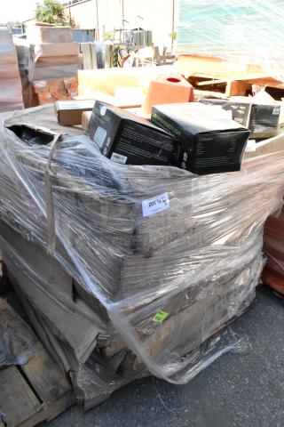 Pallet with 11 brand new boxes, including LED emergency lights and timers. Boxes wrapped in clear plastic, labels visible.