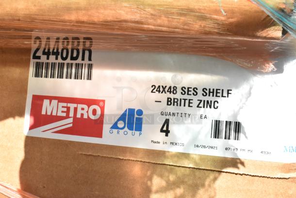 Label on a box of Metro 2448BR shelves, Brite Zinc, 24x48 SES. Pack of 4, new condition, made in Mexico.