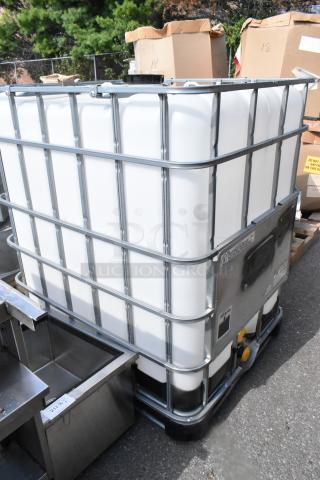 330 GCube Hybrid Pallet, metal-caged white tote, excellent condition, labeling indicates model and capacity, used for storage.