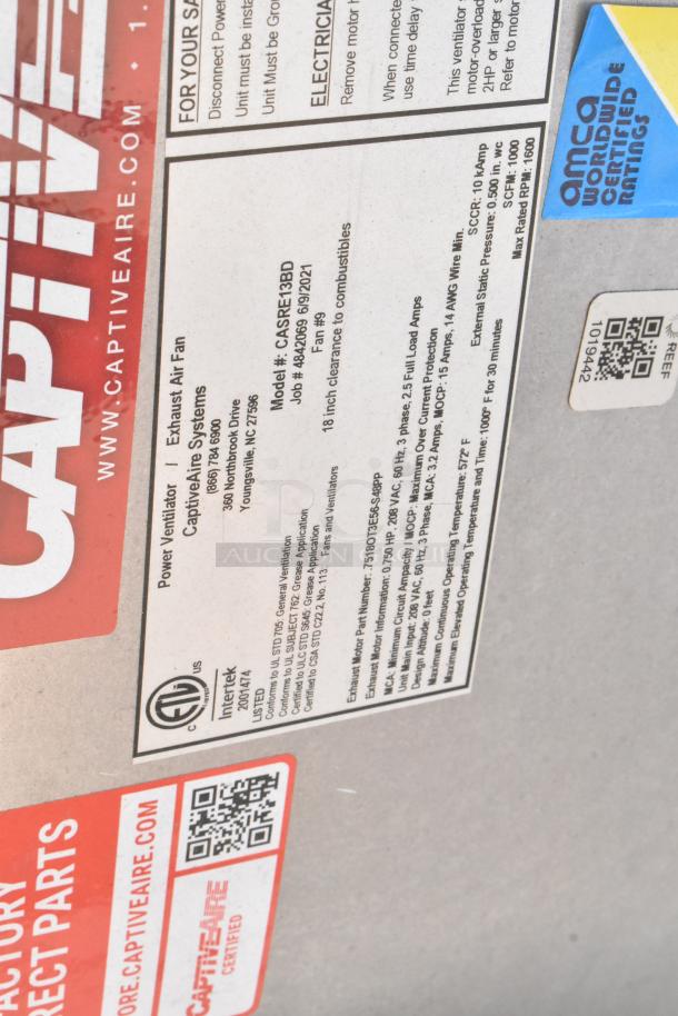 2021 CaptiveAire CASRE13BD commercial power ventilator, model tags visible, featuring Intertek certification.