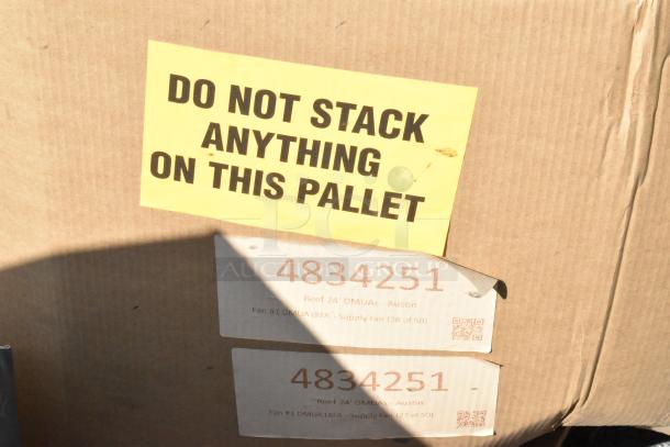 Boxed CaptiveAire DMUA18FA rooftop exhaust fans, marked "Do Not Stack," showing item and label details.