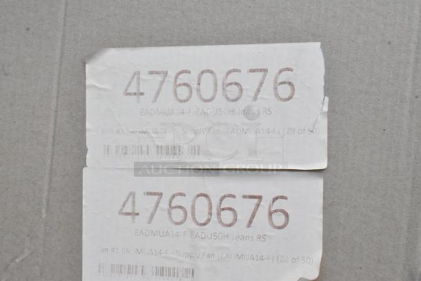 Labels on boxes for CaptiveAire EADMUA14-F rooftop exhaust fans, indicating model and serial numbers.