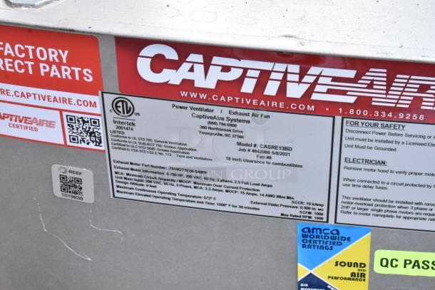 2021 CaptiveAire CASRE13BD metal commercial power ventilator with safety labels and technical specifications visible.