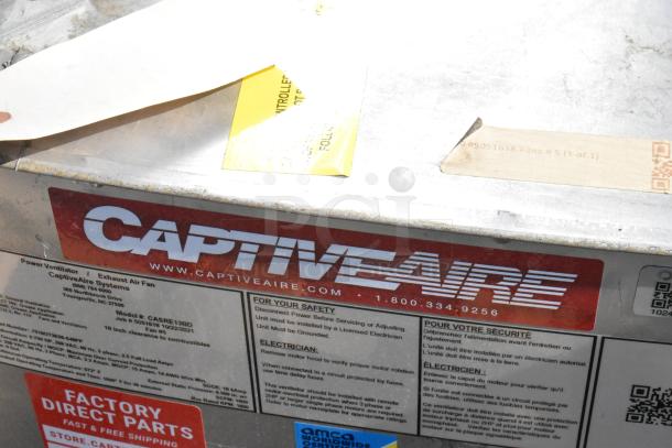 2021 CaptiveAire CASRE13BD metal power ventilator, commercial exhaust fan, model CASRE13BD, safety labels visible.
