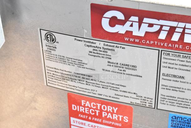 2021 CaptiveAire CASRE13BD metal commercial power ventilator, exhaust air fan, model details label displayed, in used condition.
