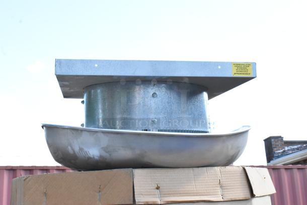 Brand new CaptiveAire DMUA18FA metal rooftop exhaust mushroom fan on a cardboard box, one not in box.