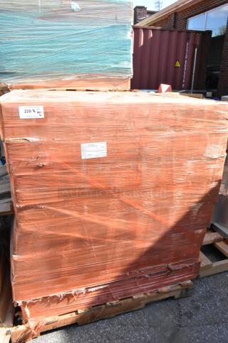 Sixteen brand new boxes of Metro 2448BR shelves, wrapped on pallets. Quantity label reads "228 lbs, Qty approx. 16."