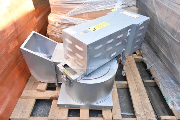 2021 CaptiveAire CASRE13BD metal commercial power ventilator on wooden pallet, features durable construction, exhaust air functionality, and visible labels indicating model.