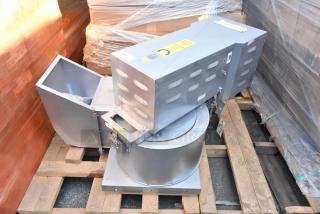2021 CaptiveAire CASRE13BD metal commercial power ventilator on wooden pallet, features durable construction, exhaust air functionality, and visible labels indicating model.