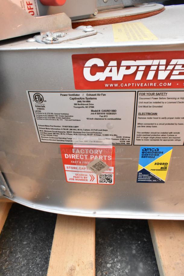2021 CaptiveAire CASRE13BD commercial power ventilator, metal construction, model info and capacity labels visible.