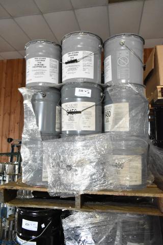 32 Pro Guard chemical barrels on pallet, including 7938 Alum Zinc for spray, 6450 clear varnish. Labels visible, wrapped in plastic.