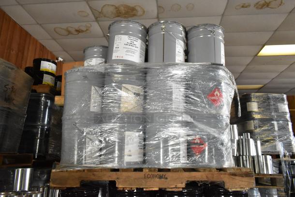 32 metal drums of Pro Guard chemicals, including 7938 Alum Zinc, wrapped on pallets. Labels indicate spray application.