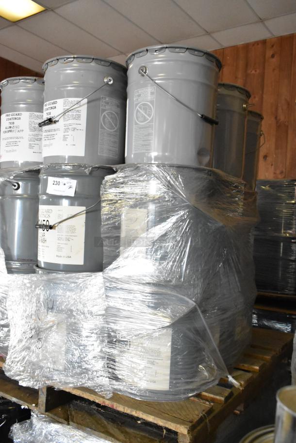 32 Pro Guard chemical pails, including 7938 Alum Zinc and 6450 Clear Varnish, wrapped on pallets, ready for auction.