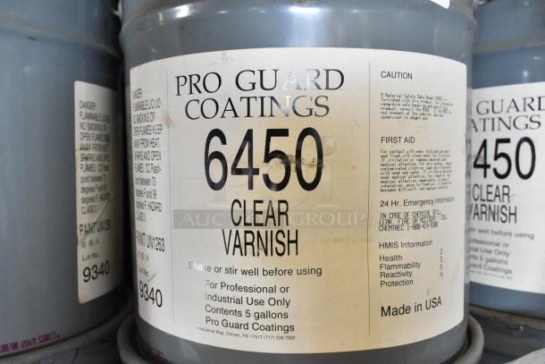 Pro Guard Coatings 6450 Clear Varnish label, 5 gallons, industrial use, made in USA, lot 9340, safety instructions shown.
