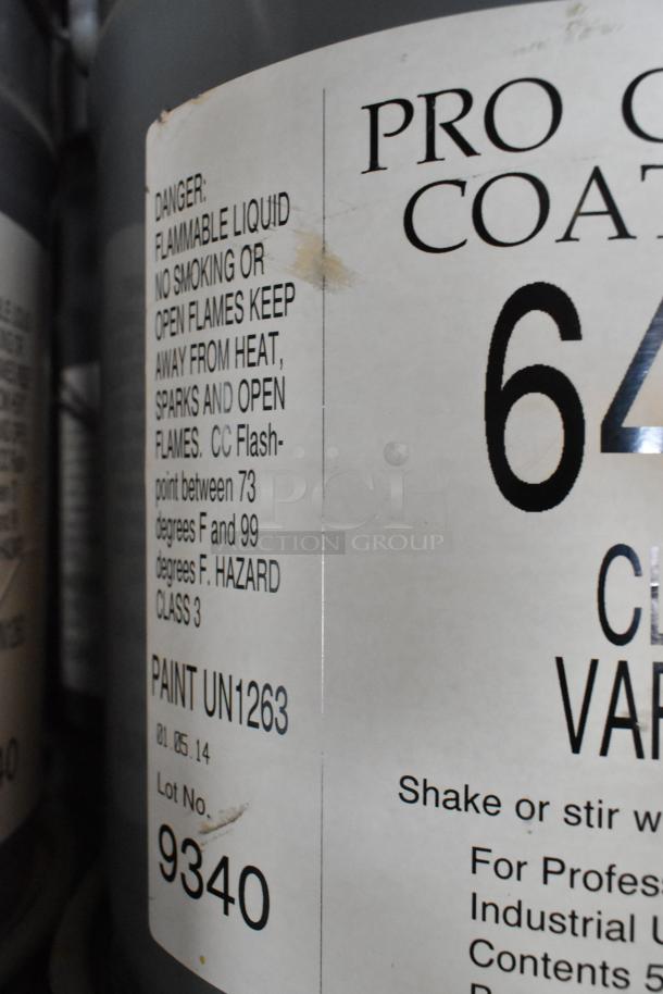 Close-up of Pro Guard Chemicals, including 6450 Clear Varnish. Label warns of flammable content. Lot No. 9340, Paint UN1263.