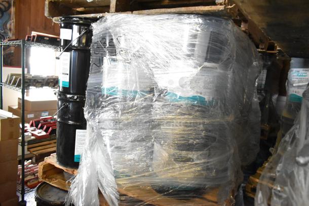 24 containers of Pro Guard chemicals including a 5-gallon white liquid rubber, wrapped on a pallet.