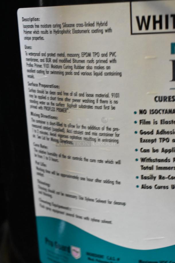 Alt text: Pro Guard 5 Gallon White Liquid Rubber with label detailing silicone cross-linked hybrid polymer, waterproofing use, and application instructions.