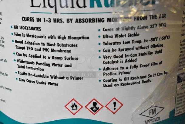 24 Pro Guard chemicals featuring a 5-gallon white Liquid Rubber. Highlights include UV stability and adhesion to damp surfaces.