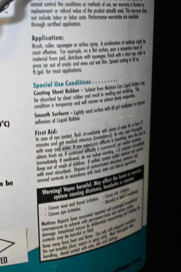 Label on 5-gallon container of Pro Guard Liquid Rubber detailing application methods, special use conditions, and safety warnings.
