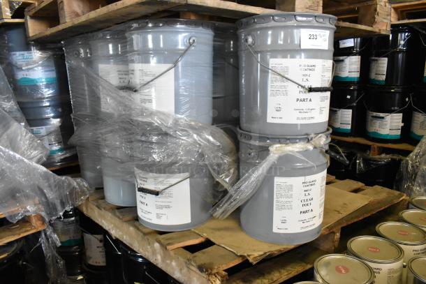20 Pro Guard Chemicals, including 3-gallon 9601-2 LS Clear Poly Part A, on pallets. Labels indicate contents and mix ratios.