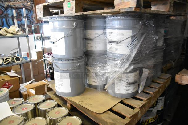 20 Pro Guard chemicals, including 3-gallon 9601-2 LS Clear Poly Part A containers, stacked on pallets. Labels intact.