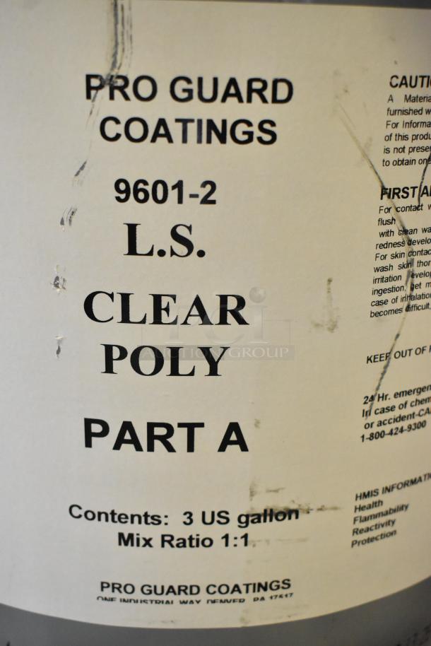 Pro Guard Coatings 9601-2 L.S. Clear Poly Part A, 3-gallon container, mix ratio 1:1, visible wear on label.