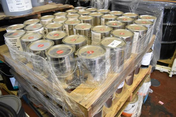 35 Pro Guard chemical cans with EPDM 9908 Super Pipe Seal Part A, 1-gallon size, labeled and pallet-wrapped.