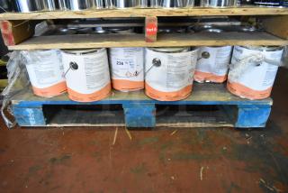 42 cans of Pro Guard Chemicals, including 1-gallon ProFlex Primer 1501 Part B Flexible Epoxy, on pallets. Labels with usage info visible.