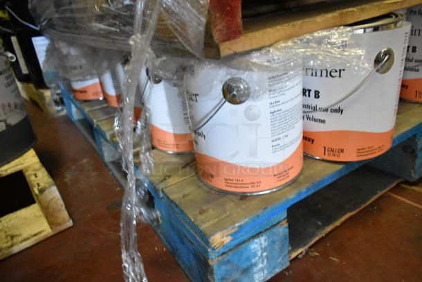 42 cans of Pro Guard chemicals on a pallet, featuring 1-gallon ProFlex Primer 1501 Part B Flexible Epoxy, wrapped in plastic.