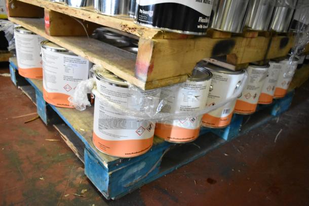 Palette with 42 Pro Guard chemical cans, including 1-gallon ProFlex Primer 1501 Part B Flexible Epoxy. Includes labels.