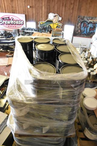 A large stack of Pro Guard chemical containers, including 4-gallon 9611 MC Poly Restoration Coating, wrapped in plastic on pallets.