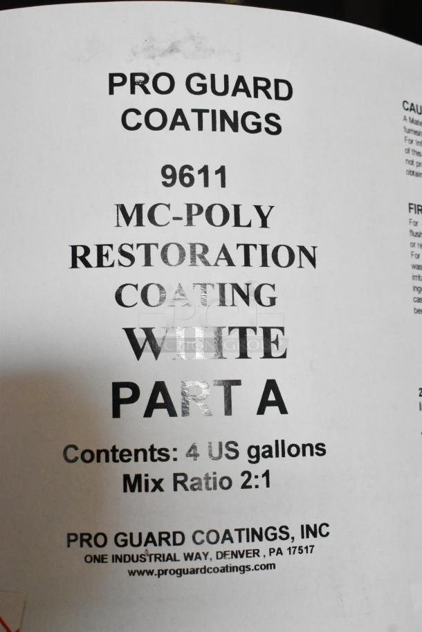 White Pro Guard Coatings 9611 MC Poly Restoration Coating Part A, 4-gallon, mix ratio 2:1, label features.