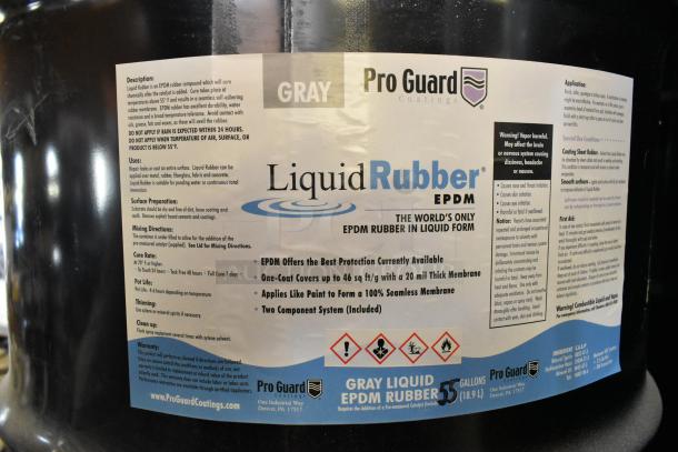 55-gallon drum of Pro Guard Liquid Rubber Gray EPDM, seamless waterproofing coating, includes mixing directions and warnings.