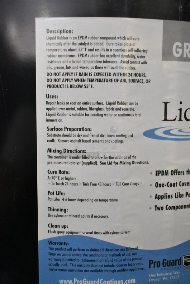 4 Pro Guard chemicals including 55-gallon gray EPDM liquid rubber. Key features: durability, water resistance, requires catalyst, use above 55°F.