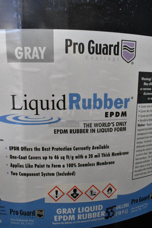 Pro Guard 55-gallon gray EPDM liquid rubber. Offers one-coat seamless membrane. Includes catalyst. Covers 46 sq ft/gal.