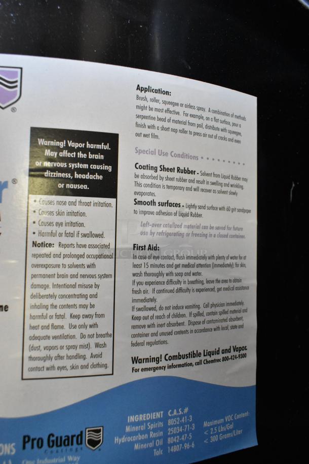 Pro Guard liquid rubber label showing application instructions, safety warnings, and ingredient details, including mineral spirits and VOC content.