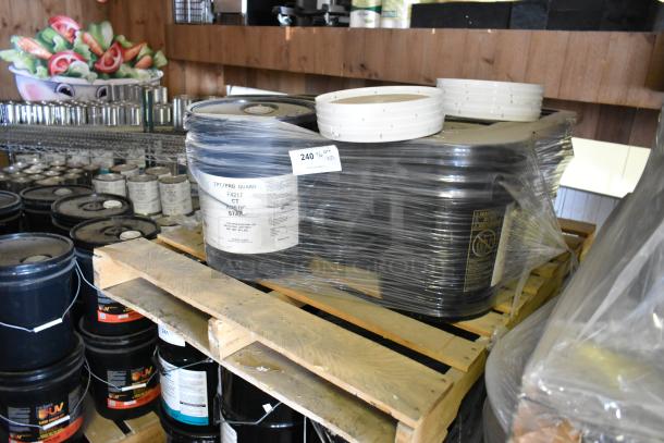 10 Pro Guard chemical buckets on pallet, including F4217 CT Rustic Stain. Labeled for professional use. Pallet wrapped.