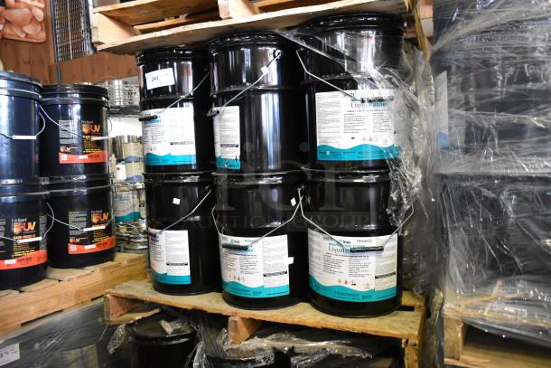 23 Pro Guard chemical containers, including 5-gallon 9101 Moisture Cure Liquid Rubber, stacked on a pallet.