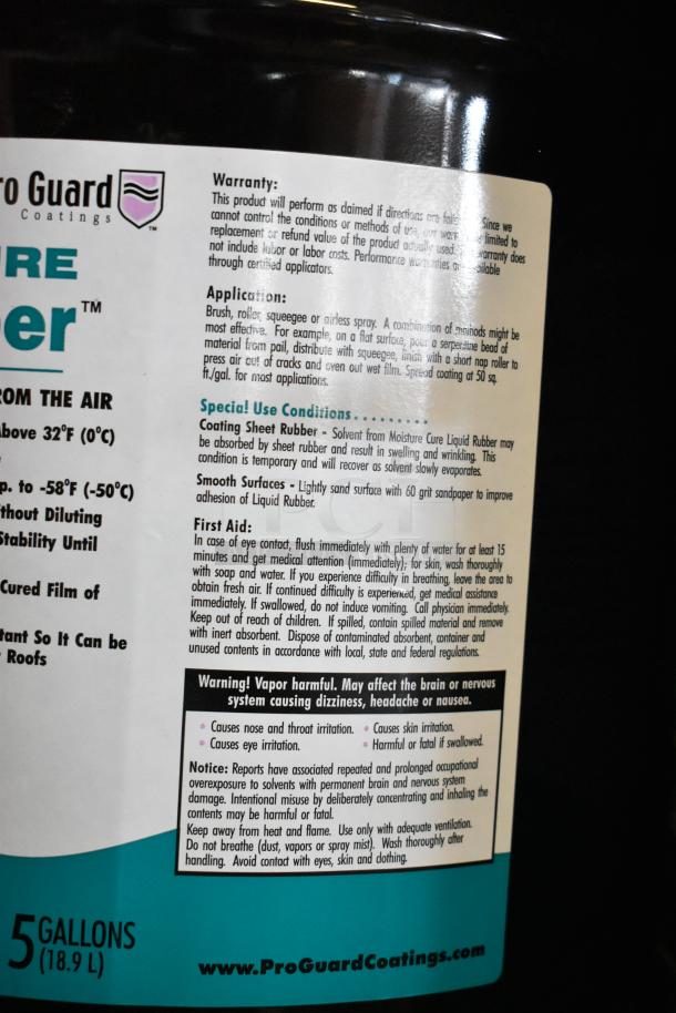 23 Pro Guard Chemicals, including a 5-gallon 9101 Moisture Cure Liquid Rubber. Labels show application and safety instructions.