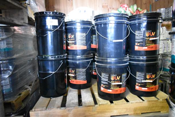21 containers of Pro Guard Flash Finish UV Clear Gloss, 5-gallon size, new, labeled with product details.