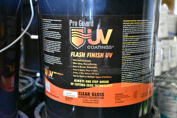 Pro Guard Flash Finish UV Clear Gloss, 5-gallon size. Features: scuff resistant, ultra-clear, easy to apply and recoat. Ideal for multiple surfaces.