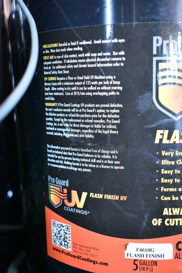 21 Pro Guard chemical products. Includes 5-gallon Flash Finish UV Clear Gloss. Visible precautions and usage details.